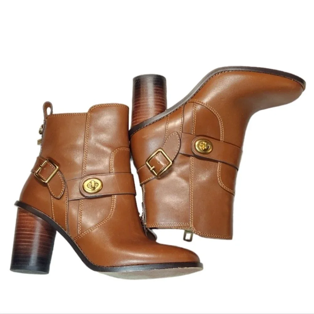 Coach Boots Saddle Leather Heel Gold Buckle‎ Brown Equestrian Boho Indie Lux 5.5